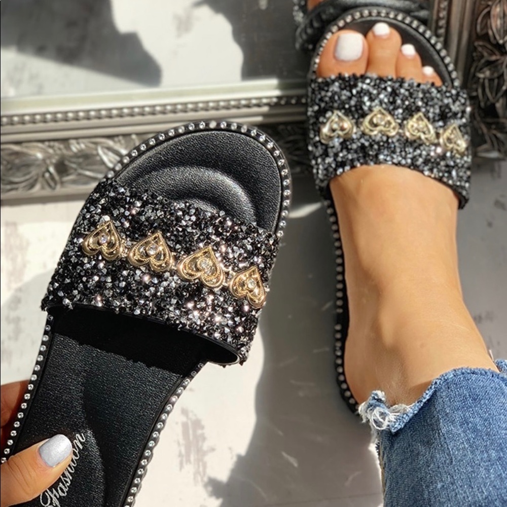 Rhinestone Sequin Embellished Slides - Picture 4 of 7